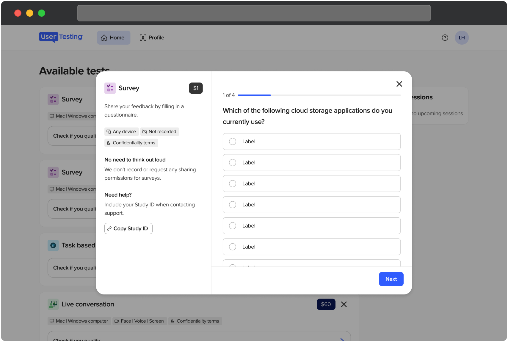 A UserTesting survey screener window is displayed on the screen. On the left, the survey details are shown under the Survey label with a reward of $1 in a black box. On the right, the first question of the screener is displayed. The screen shows five radio button options to respond to the question. A progress indicator at the top shows this is 1 of 4 questions. A blue Next button appears at the bottom of the modal.