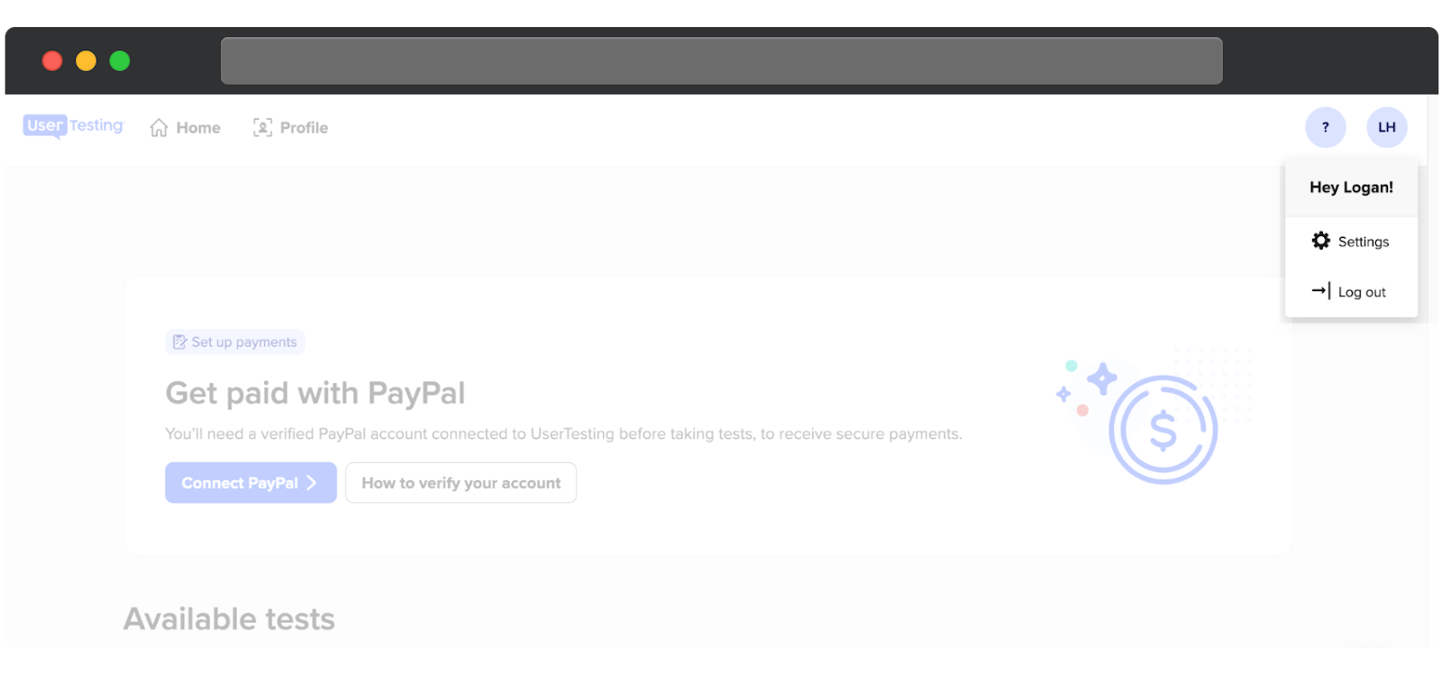A UserTesting dashboard with a dropdown menu open in the top-right corner under the user's initials. The menu includes options for Settings and Log out.