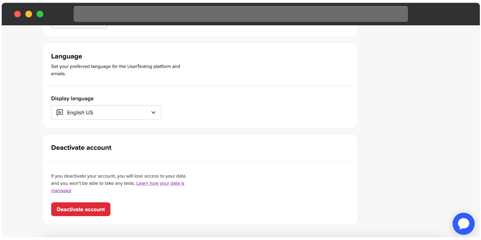 A UserTesting Settings page showing two sections. The Language section allows users to set their preferred display language with a dropdown menu for selection. The Deactivate account section explains that deactivating the account will result in losing access to data and the inability to take tests, with a link to learn how data is managed. A red Deactivate account button is prominently displayed below.