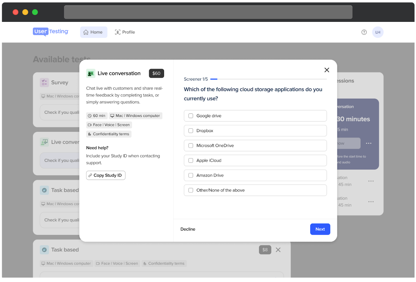 The UserTesting participant dashboard displays details for a live conversation test offering $60. The left side provides information about the test, including a duration of 60 minutes, requirements for a Mac or Windows computer, face and voice recording, screen sharing, and confidentiality terms. A Copy Study ID button is available for support. The right side shows a screener question asking which cloud storage applications the user currently uses, with options like Google Drive, Dropbox, Microsoft OneDrive, and others. A progress indicator shows this is question 1 of 5, with a Decline button and a Next button at the bottom.