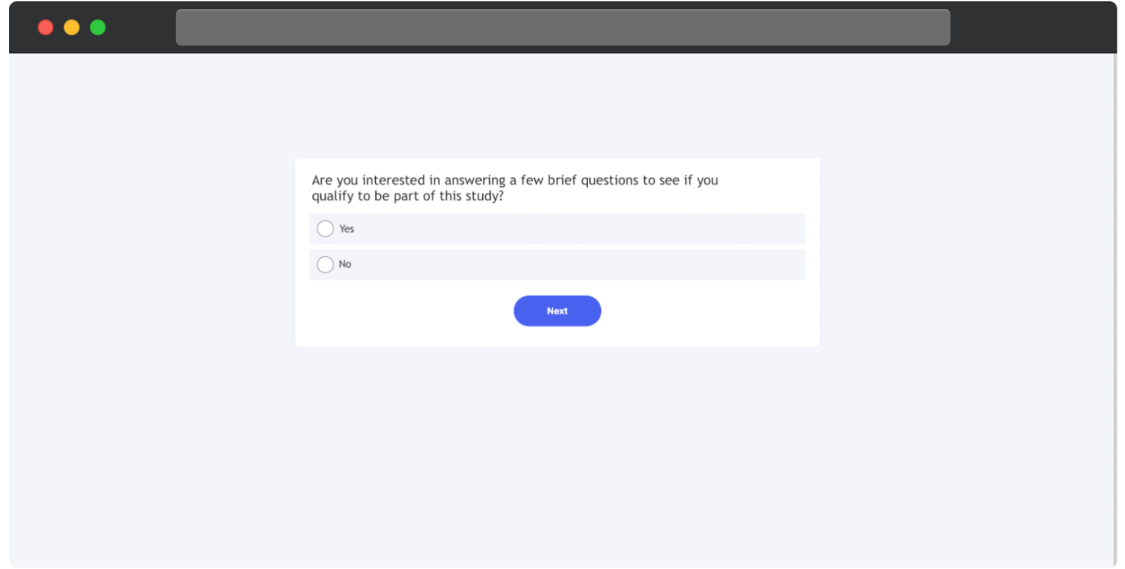A UserTesting participant dashboard page displaying a screener question. The question asks if the user is interested in answering a few brief questions to determine eligibility for a study. Two options are available: Yes and No, presented as radio buttons. Below the options, a blue Next button allows the user to proceed.