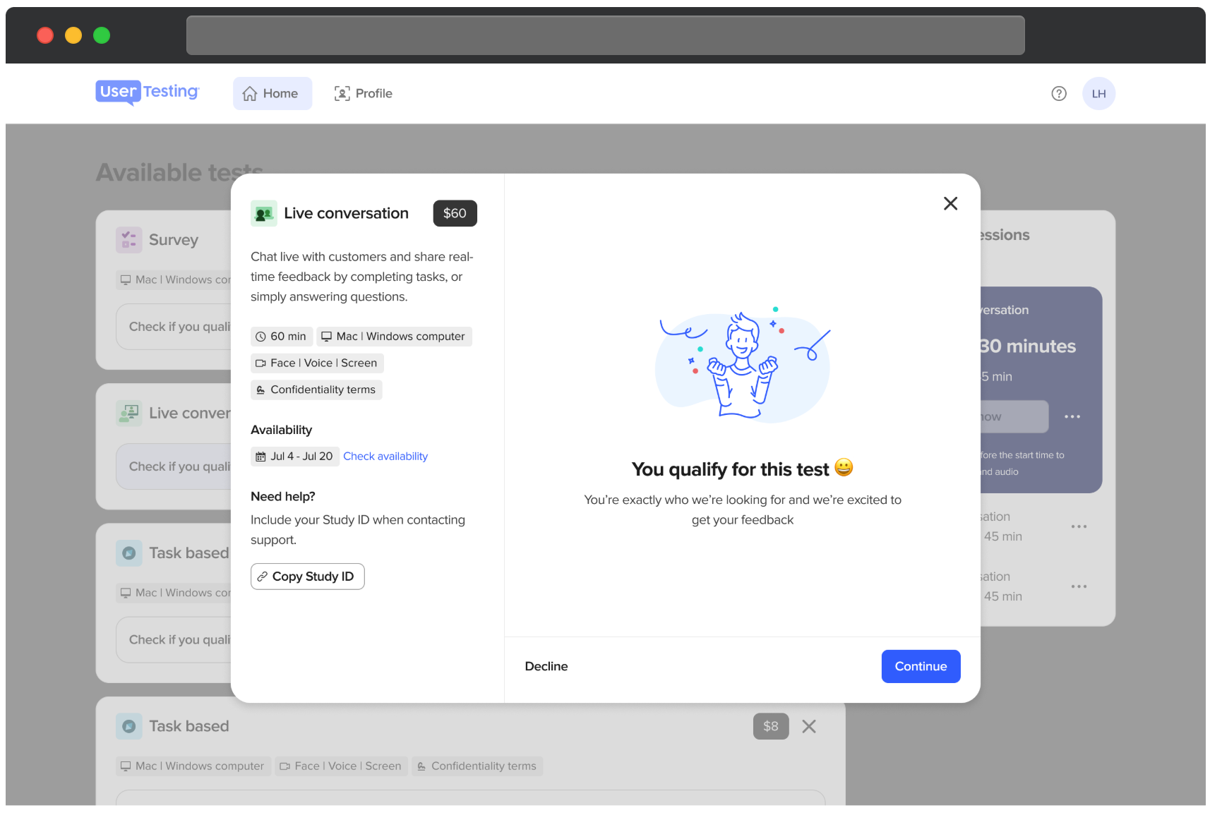 The UserTesting participant dashboard displays details for a Live Conversation test offering $60. The left side lists test information, including a duration of 60 minutes, requirements for a Mac or Windows computer, face and voice recording, screen sharing, confidentiality terms, and availability dates from July 4 to July 20. A Check availability link and a Copy Study ID button are provided. The right side confirms that the user qualifies for the test, with an illustration of a cheerful person surrounded by confetti. Two buttons are displayed: Decline and Continue.