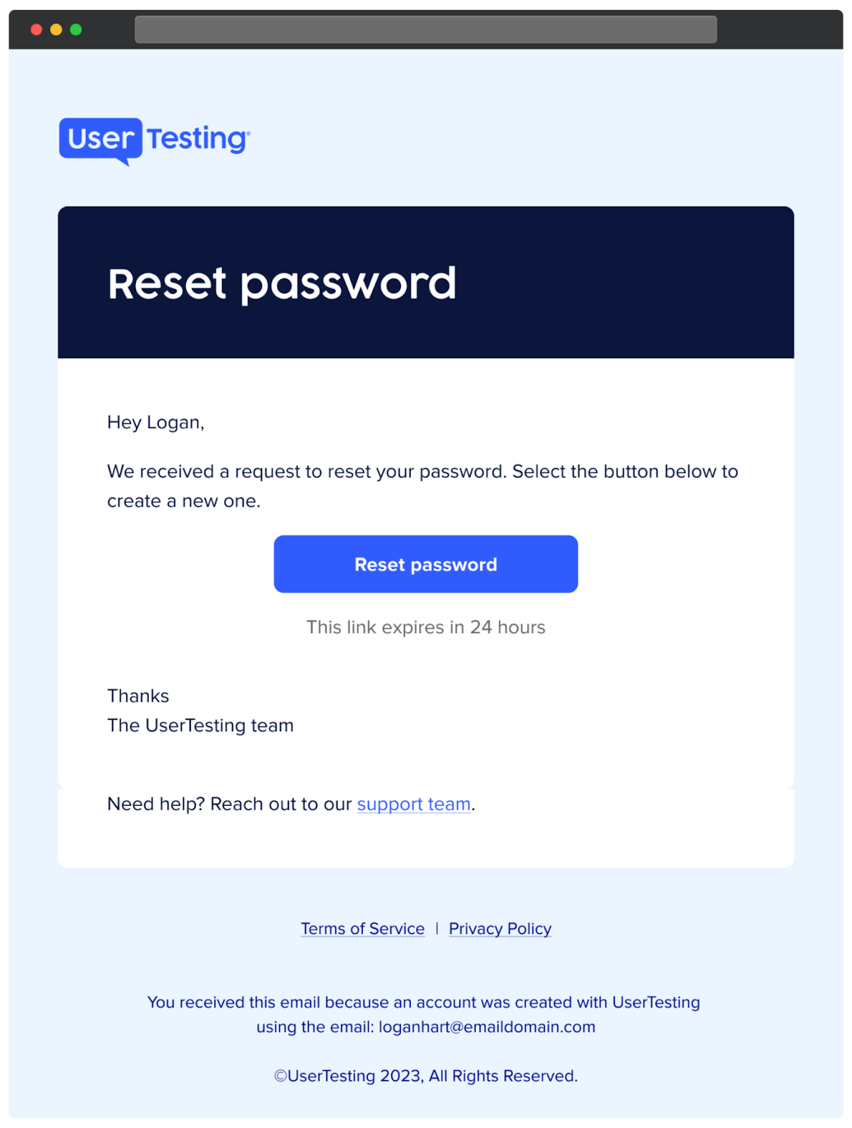 Eine Nachbildung der E-Mail zum Zurücksetzen des Passworts für UserTesting-Teilnehmer. Die E-Mail bestätigt den Erhalt des Passwortzurücksetzungsantrags durch das UserTesting-System. Ein großer, blauer Button in der E-Mail ermöglicht die Bestätigung des Antrags. Eine wichtige Notiz weist darauf hin, dass der Link in 24 Stunden abläuft.