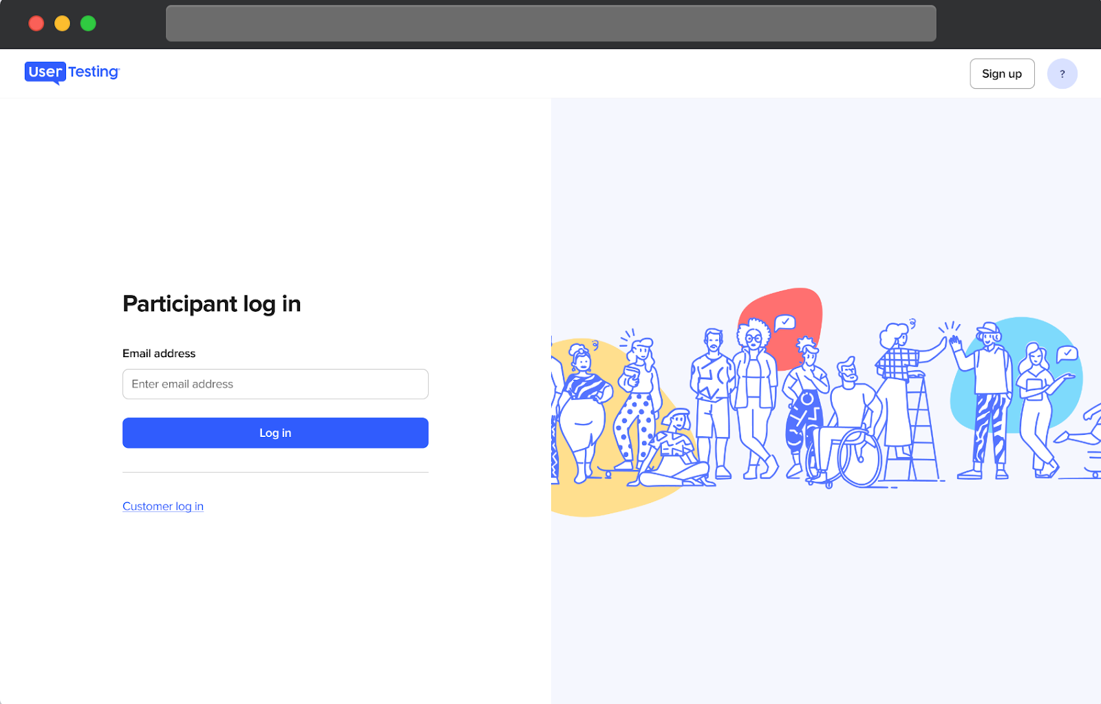 Die Anmeldeseite für UserTesting-Teilnehmer. Unterhalb der Navigationsleiste und in der Mitte der Seite befindet sich ein leeres Feld zur Eingabe einer E-Mail-Adresse. Der Anmeldebutton befindet sich direkt unter diesem Feld.