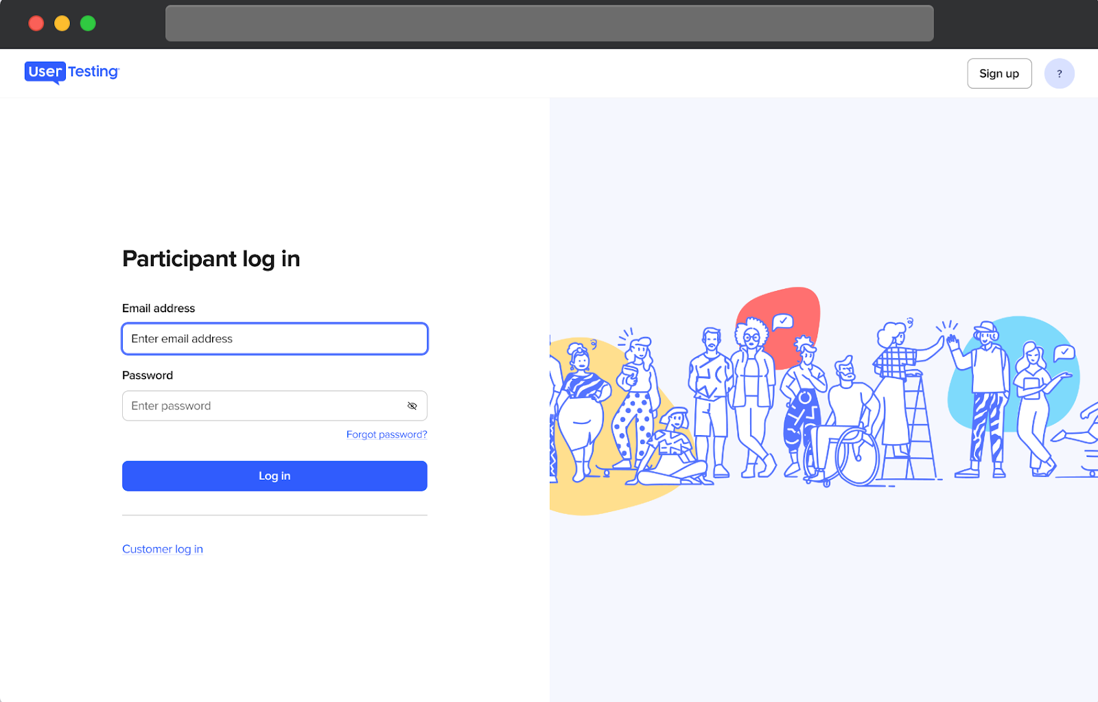 Inloggningssidan för UserTesting-deltagare. Nedanför navigeringsfältet finns två fält. Ett fält finns för att ange en e-postadress och det andra fältet finns för att ange ett lösenord. En glömt lösenord-länk finns precis under lösenordsfältet.