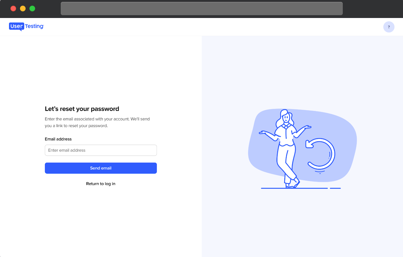 En sida för UserTesting-deltagare att återställa sitt kontolösenord. Sidan inkluderar en toppnavigeringsfält och ett fält för att ange en e-postadress. Under detta fält finns en knapp för att utlösa en e-post för lösenordsåterställning.