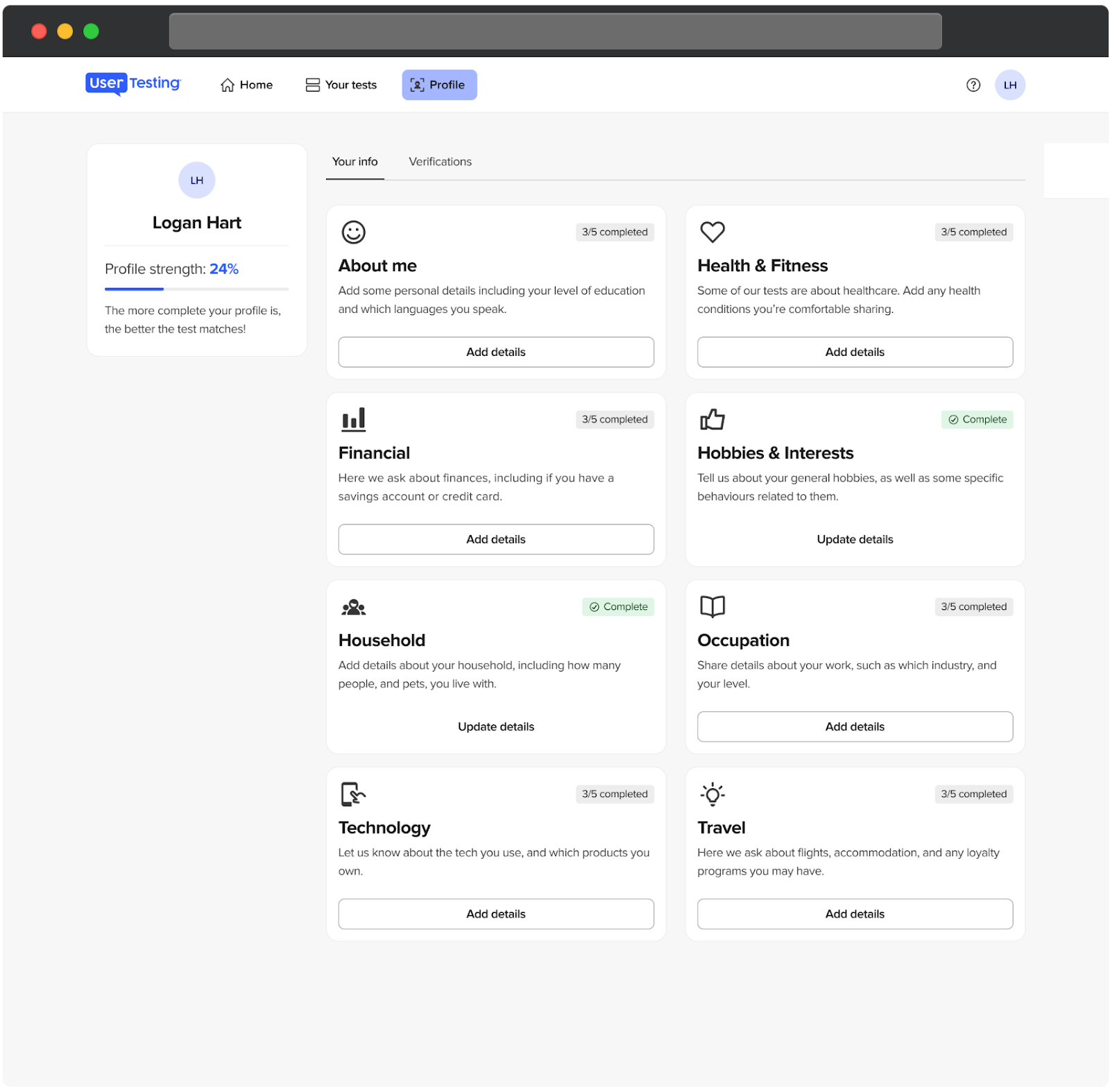 Het UserTesting deelnemersdashboard dat de Profielsectie weergeeft. Aan de linkerkant toont de profielkaart de naam van de gebruiker, Logan Hart, met een profielsterkte van 42 procent en een voortgangsbalk. Aan de rechterkant bevat de pagina secties voor Over jou, Gezondheid & Fitness, Financieel, Hobby's & Interesses, Huishouden, Beroep, Technologie en Reizen. Elke sectie toont voortgangsindicatoren zoals Voltooid of gedeeltelijk voltooid (bijv. 1/6 voltooid voor Huishouden). Er zijn opties om Details toevoegen of Details bijwerken. De lay-out benadrukt de volledigheid van het profiel en gebieden die updates vereisen.