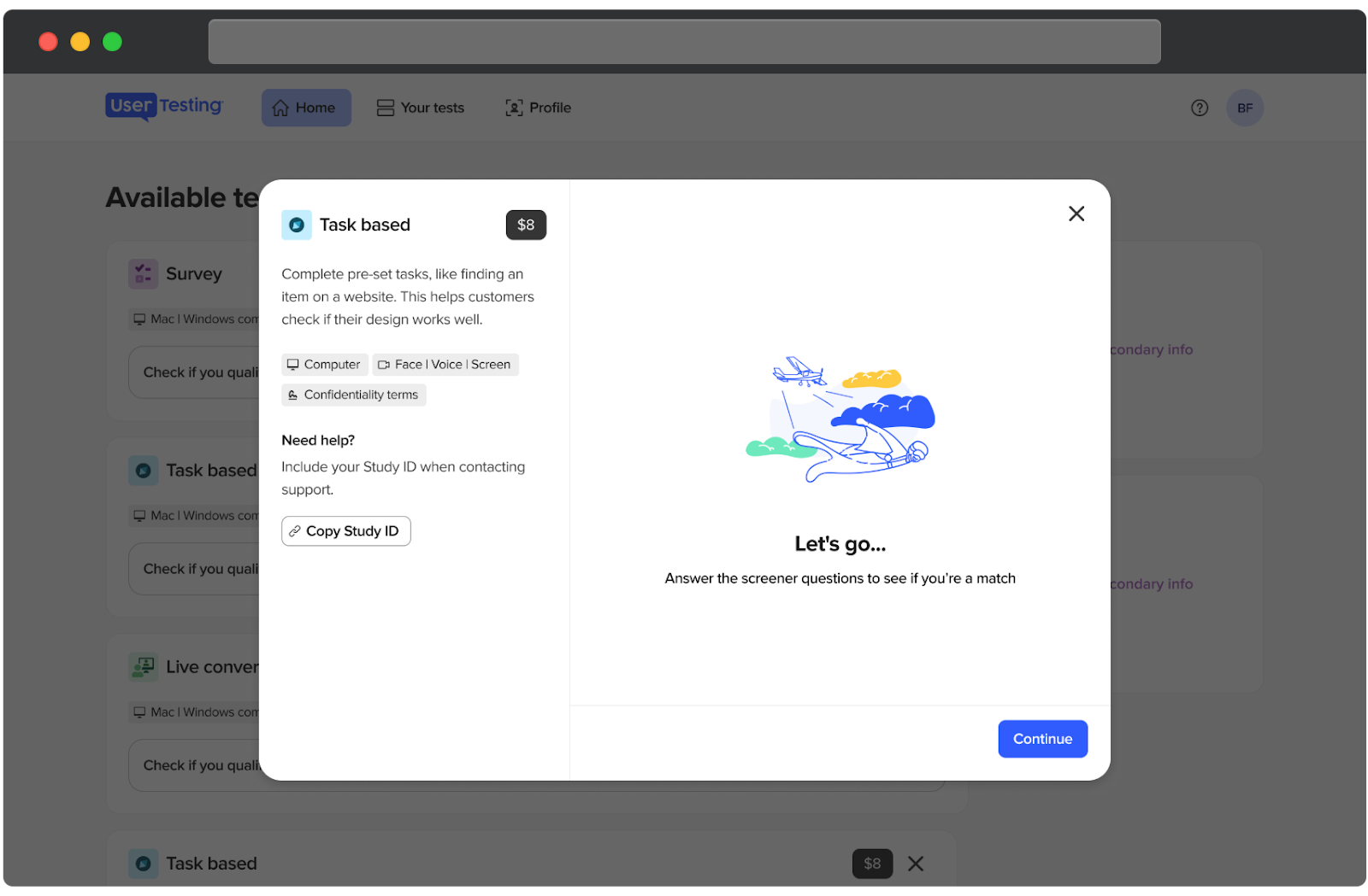 El panel de participantes de UserTesting mostrando los detalles de una prueba basada en tareas. El lado izquierdo proporciona información sobre la prueba, que ofrece una recompensa de $8 por completar tareas preestablecidas como encontrar elementos en un sitio web para ayudar a evaluar la efectividad del diseño. Los requisitos incluyen una computadora, grabación de cara y voz, compartir pantalla y términos de confidencialidad. Un botón para copiar el ID del estudio está disponible para contactar al soporte. El lado derecho presenta una ilustración de una persona volando entre nubes y aviones, con un mensaje que anima a los usuarios a responder preguntas del cuestionario para determinar si califican. Un botón de Continuar se muestra en la parte inferior.