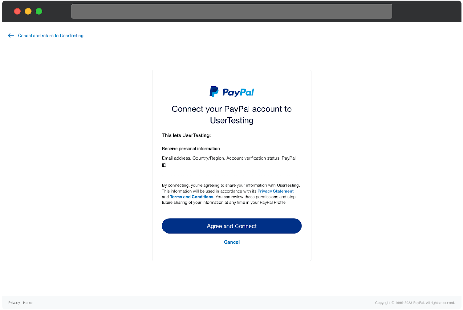Una página de autorización de PayPal que insta al usuario a conectar su cuenta de PayPal a UserTesting. La página explica que al conectar permite a UserTesting recibir información personal como la dirección de correo electrónico, país o región, estado de verificación de la cuenta e ID de PayPal. Se informa al usuario que está aceptando compartir esta información de acuerdo con la Declaración de privacidad y los Términos y condiciones de PayPal. Se muestran dos botones: Aceptar y Conectar en azul y Cancelar. Un enlace en la parte superior izquierda permite al usuario cancelar y regresar a UserTesting.