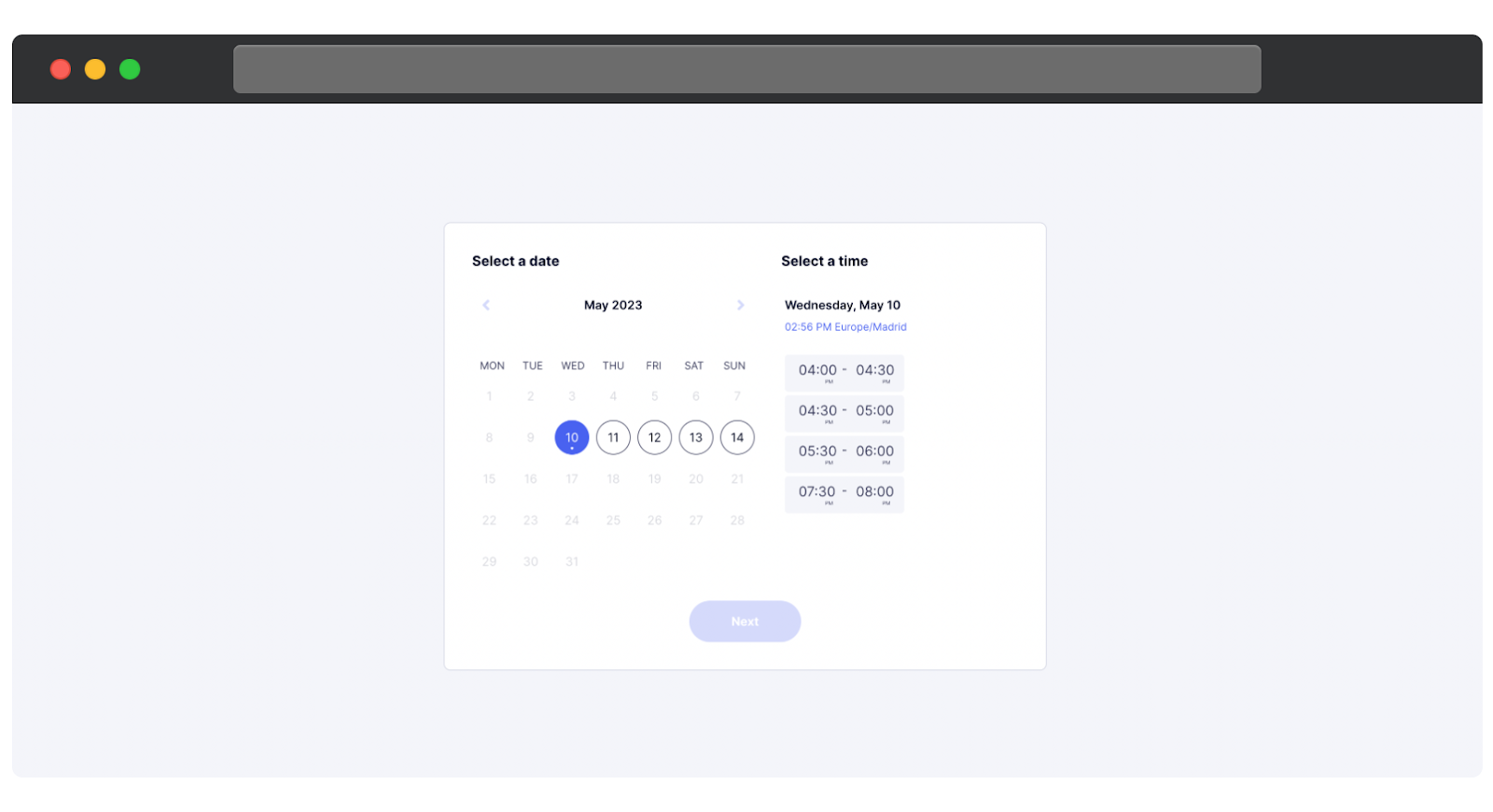 A scheduling interface. The left side displays a calendar for May 2023, with May 10 selected and highlighted. The right side shows available time slots for Wednesday, May 10, including options such as 4:00 PM to 4:30 PM and 5:30 PM to 6:00 PM. Below the selection, a Next button is displayed but appears inactive.