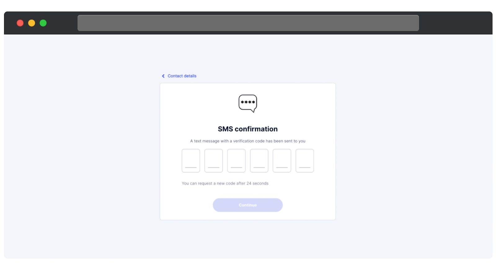 Een SMS-bevestigingsscherm. De pagina informeert de gebruiker dat er een sms met een verificatiecode is verzonden. Hieronder zijn zes lege velden beschikbaar voor het invoeren van de code. Een bericht onderaan geeft aan dat de gebruiker na 24 seconden een nieuwe code kan aanvragen.