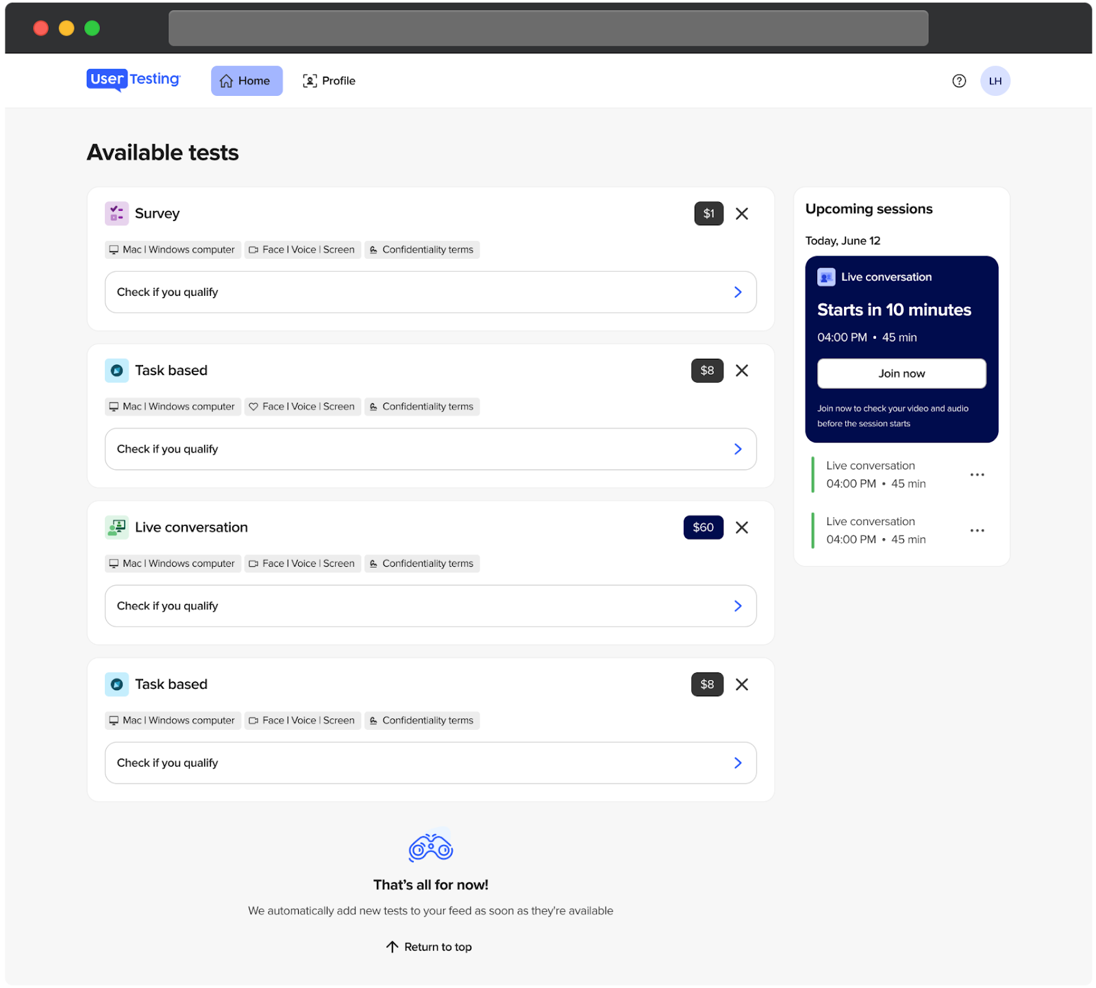 The Upcoming sessions widget on the UserTesting participant dashboard highlights a Kive conversation starting in 10 minutes at 4:00 PM, lasting 45 minutes. A Join now button is prominently displayed for immediate access, with instructions to check audio and video before the session.