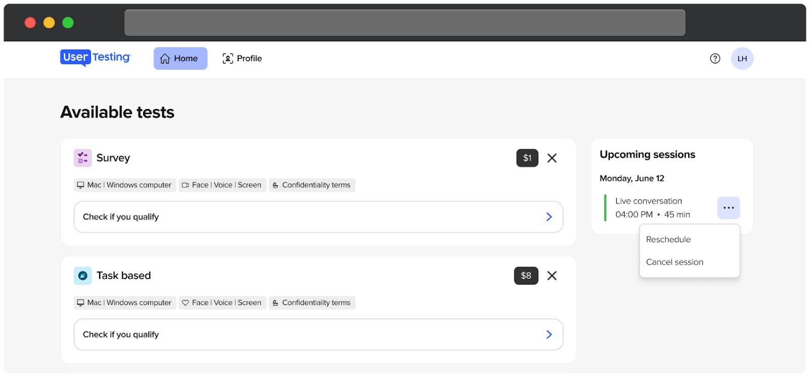El widget de Próximas sesiones en el panel de control de participantes de UserTesting destaca una Conversación en directo programada para el lunes 12 de junio a las 4:00 PM, con una duración de 45 minutos. Un menú de tres puntos junto a la sesión proporciona opciones para Reprogramar o Cancelar sesión.