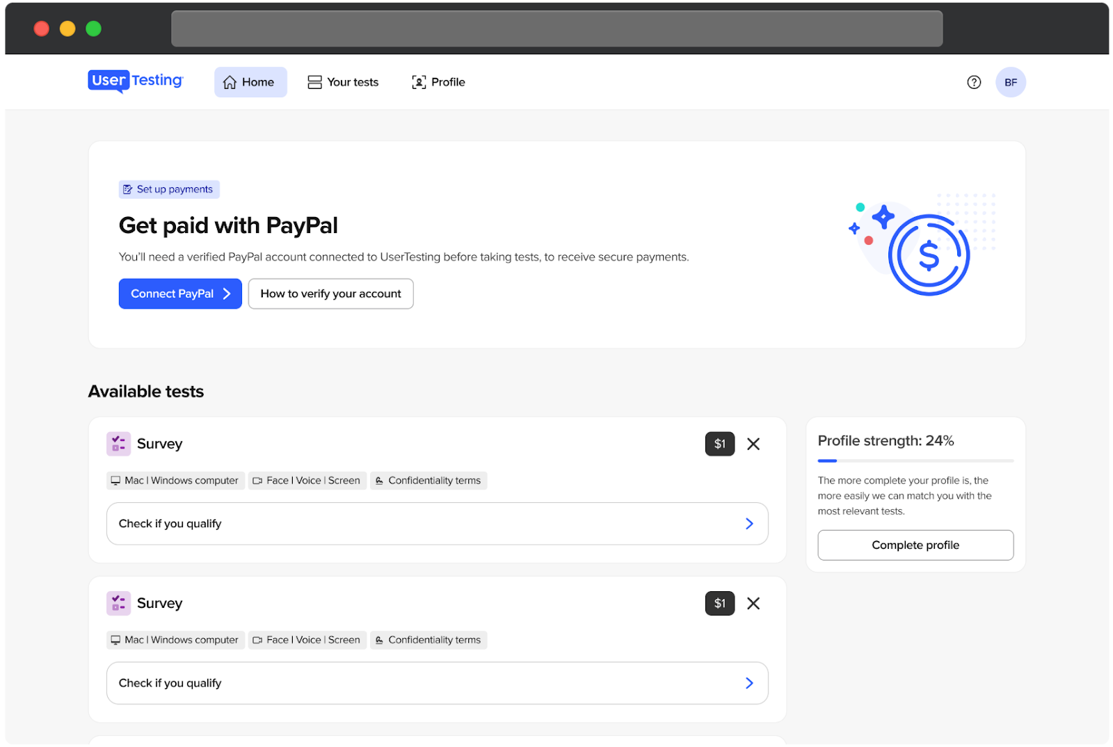 El panel de control de participantes de UserTesting con un banner prominente de PayPal en la parte superior. El banner anima a los usuarios a conectar una cuenta de PayPal verificada para recibir pagos seguros. Se muestran dos botones: Conectar PayPal y Cómo verificar tu cuenta. El banner incluye un icono de un signo de dólar rodeado de destellos, enfatizando la configuración de pagos.