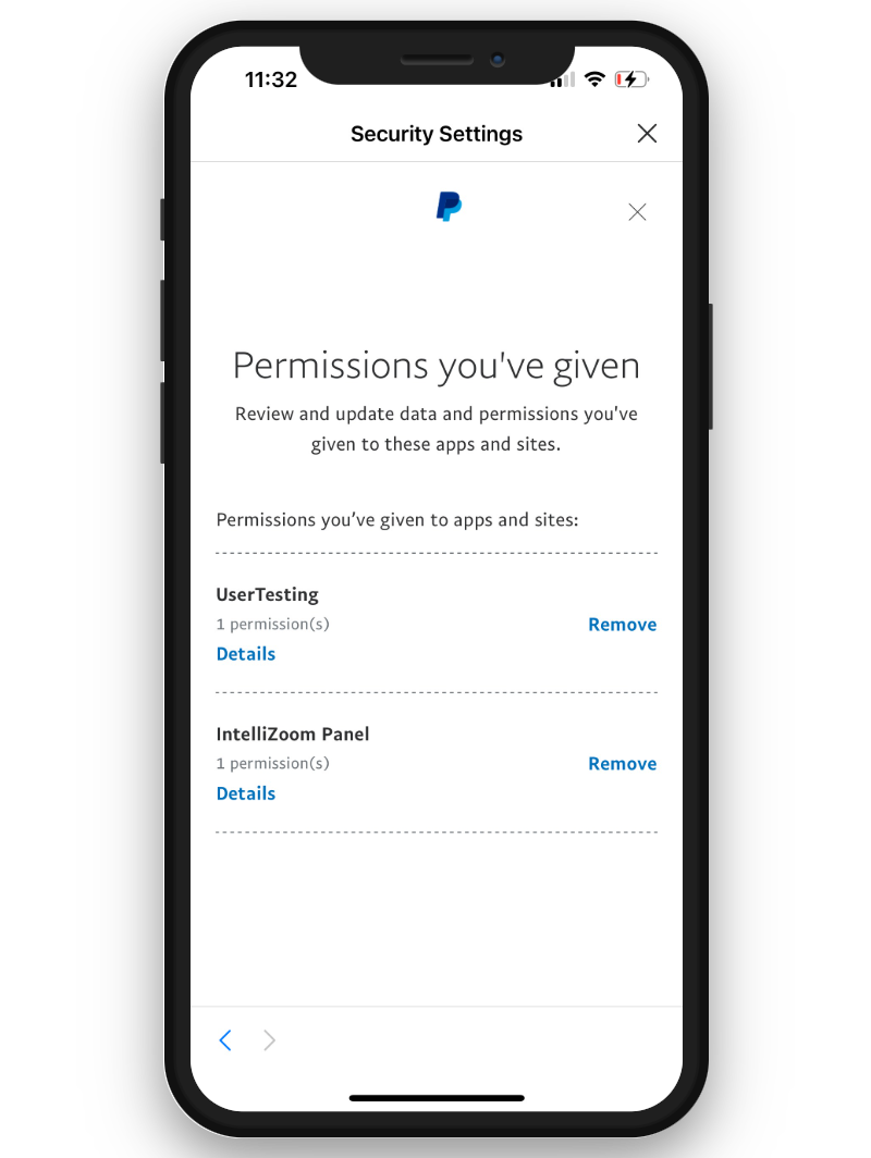 En tilladelserhåndteringsside, der viser en liste over apps og websteder med givne tilladelser. Overskriften lyder Tilladelser, du har givet, med en beskrivelse, der opfordrer brugerne til at gennemgå og opdatere tilladelserne. Listen inkluderer UserTesting med 1 tilladelse og IntelliZoom-panelet med 1 tilladelse. Hver post har muligheder for at se detaljer eller fjerne tilladelserne.