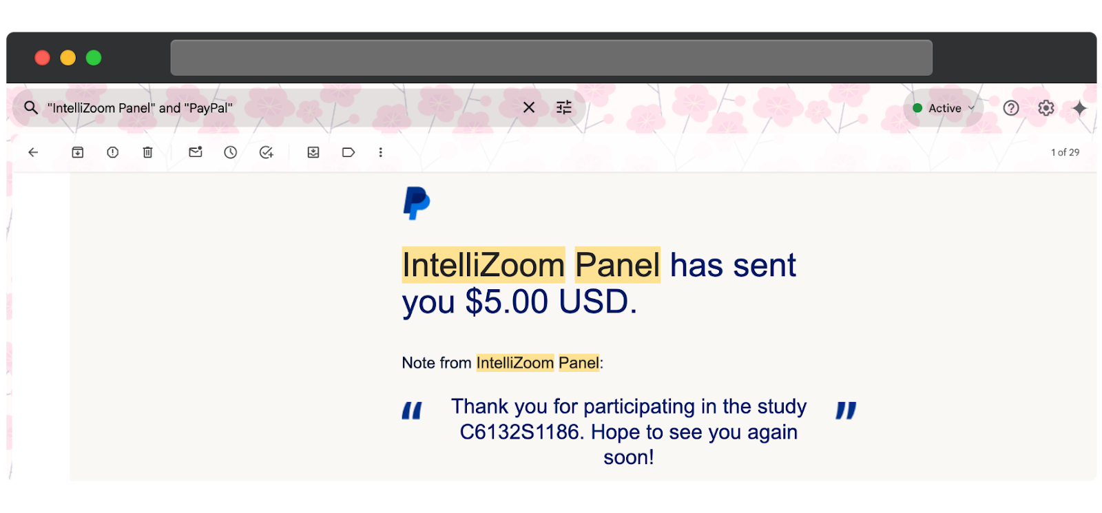 En Gmail-inkorg öppen i en webbläsarflik. Nyckelorden IntelliZoom Panel och PayPal visas i sökfältet. Nedan visas ett öppet e-postmeddelande från PayPal med en rubrik som lyder, IntelliZoom Panel har skickat dig $5.00 USD.