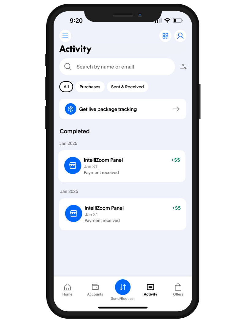 En vy över PayPal Aktivitetssida på en mobil enhet. Sidan är filtrerad för att inkludera All kontohantering, vilket inkluderar två slutförda betalningar från IntelliZoom Panel.