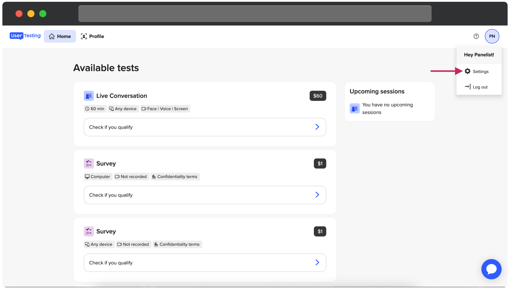 UserTesting-deltagarpanelen. Avatar-rullgardinsmenyn är utökad längst upp till höger och visar alternativ för Inställningar och Logga ut, med en röd pil som pekar på Inställningar.