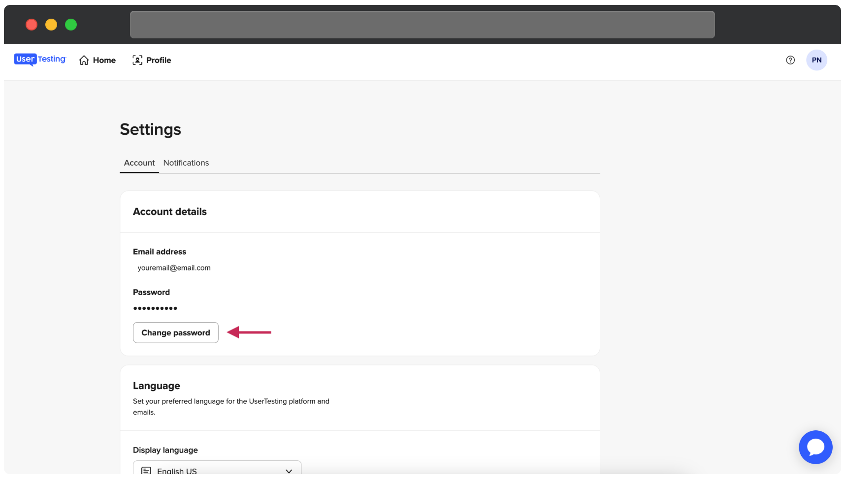 UserTesting-deltagardashboarden visar Inställningssidan med fliken Konto aktiv. En röd pil pekar på knappen Byt lösenord i avsnittet Kontouppgifter.