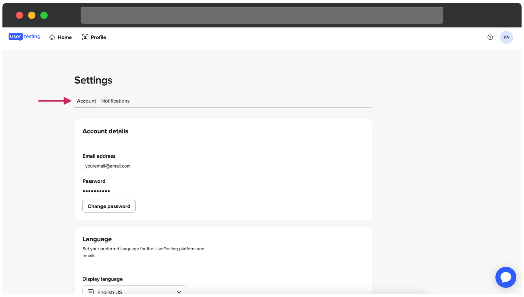 UserTesting-deltagardashboarden visar Inställningssidan med fliken Konto aktiv. En röd pil pekar på fliken Konto.