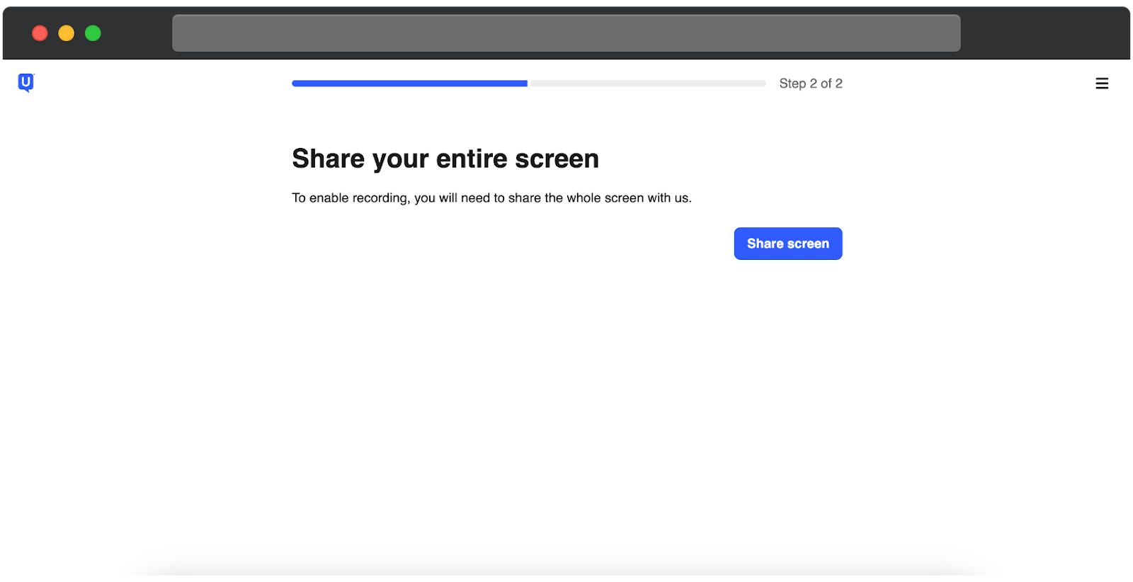 Die UserTesting-Oberfläche zeigt Schritt 2 von 2 für die Geräteeinrichtung an. Der Bildschirm weist den Teilnehmer an, den gesamten Bildschirm freizugeben, um die Aufnahme zu ermöglichen. Rechts ist ein blauer Button „Bildschirm freigeben“ zu sehen. Eine Fortschrittsanzeige oben zeigt, dass dies der letzte Schritt im Einrichtungsprozess ist.