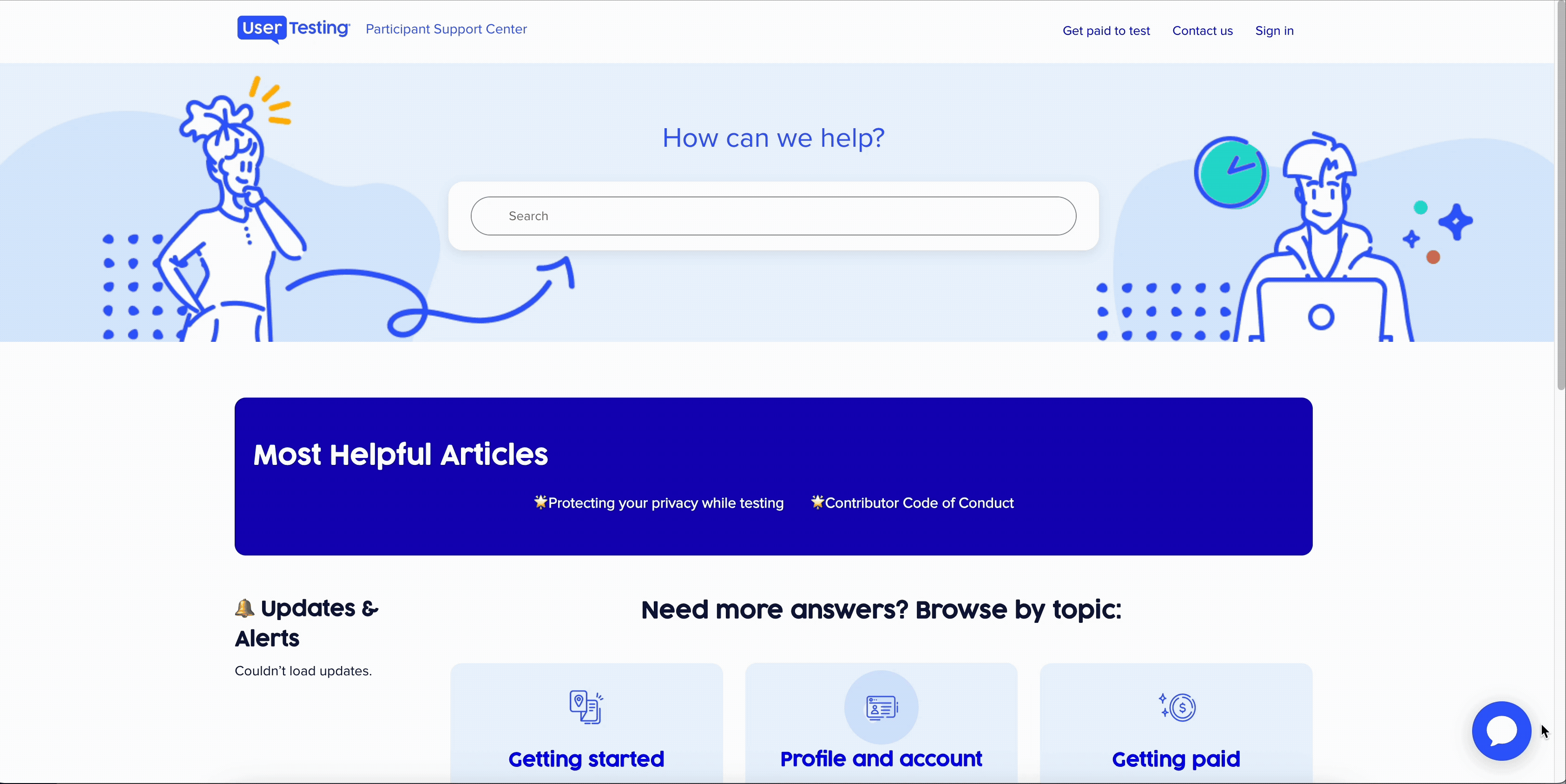 A GIF demonstrating how to interact with the virtual agent, Edison, on the UserTesting Participant Support Center. The animation shows a user clicking the blue chat icon in the bottom right corner of the screen, which opens a chat window. Edison appears with a welcome message, and the participant begins engaging with the bot. The screen also displays the help center’s search bar and featured articles. The GIF illustrates how participants can access self-service support by starting a conversation with Edison.