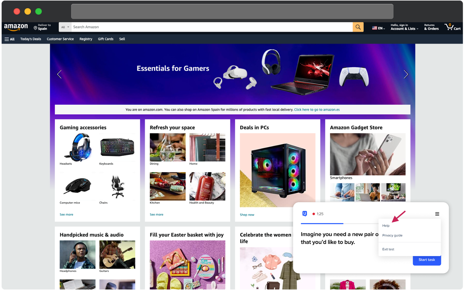 A Task based test is in progress on the Amazon homepage during a UserTesting session. A test prompt at the bottom right asks the participant to imagine needing a new pair of shoes they’d like to buy. The test interface shows a red recording indicator and a timer at 1:25. A menu is expanded with options for Help, Privacy guide, and Exit test, and a red arrow points to Help. The Start task button is visible below the prompt. The layout demonstrates the in-test navigation and support options available to participants.