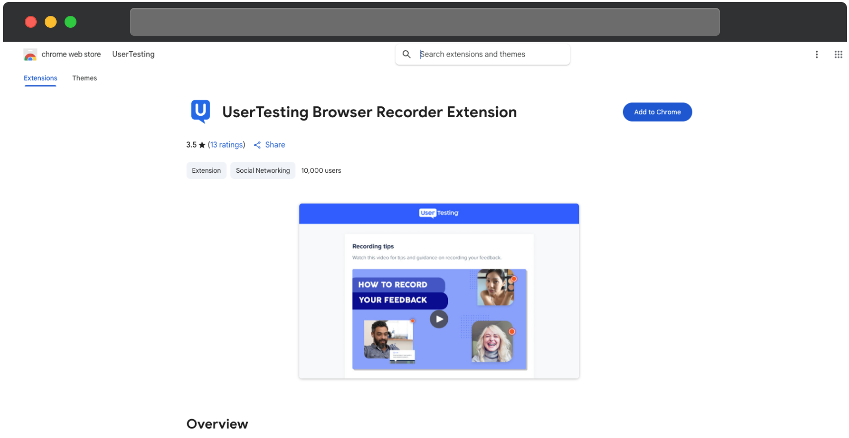 En Chrome Web Store-side for UserTesting Browser Recorder-udvidelsen. En blå knap med teksten Tilføj til Chrome vises til højre. Under knappen vises et preview-billede med UserTesting-logoet og en video-thumbnail med titlen Sådan optager du din feedback, med billeder af deltagere, der taler. Layoutet præsenterer nøgleoplysninger om udvidelsen, herunder dens formål og brugerengagement.
