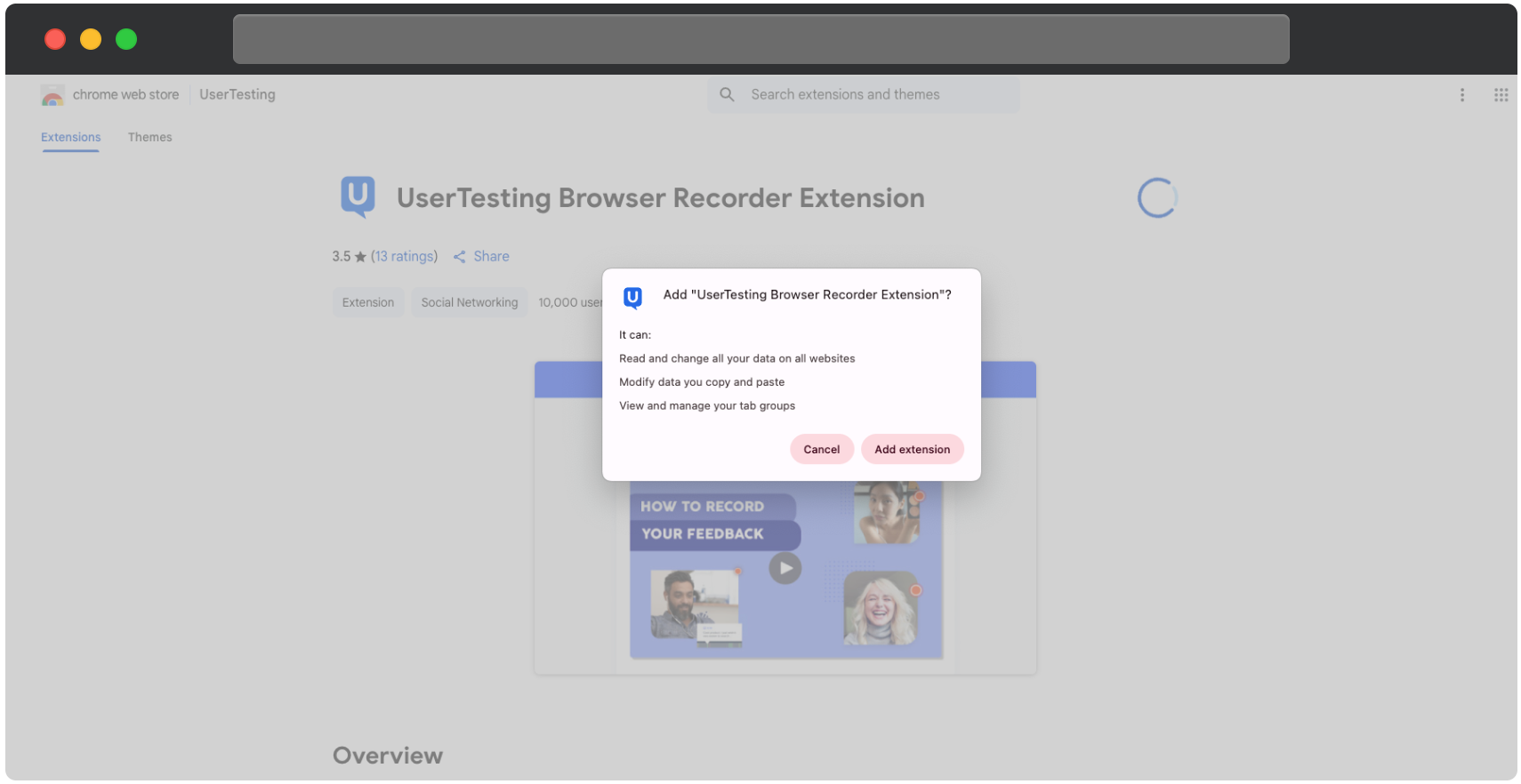 Un aviso del navegador Chrome solicitando confirmar la instalación de la extensión Grabador de Navegador de UserTesting. El diálogo lista los permisos de la extensión: leer y modificar todos tus datos en todos los sitios web, modificar datos que copias y pegas, y ver y administrar tus grupos de pestañas. En la parte inferior hay dos botones: Cancelar y Añadir extensión.