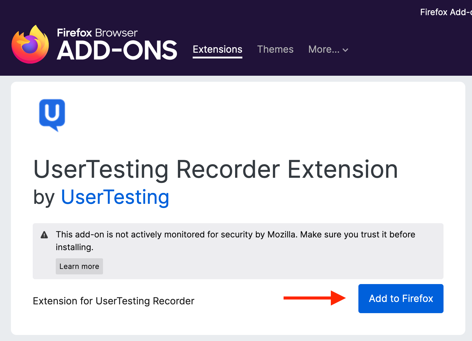 Een screenshot van de UserTesting Recorder Extensie in de Firefox Add-ons met een rode pijl die naar de knop Toevoegen aan Firefox wijst.