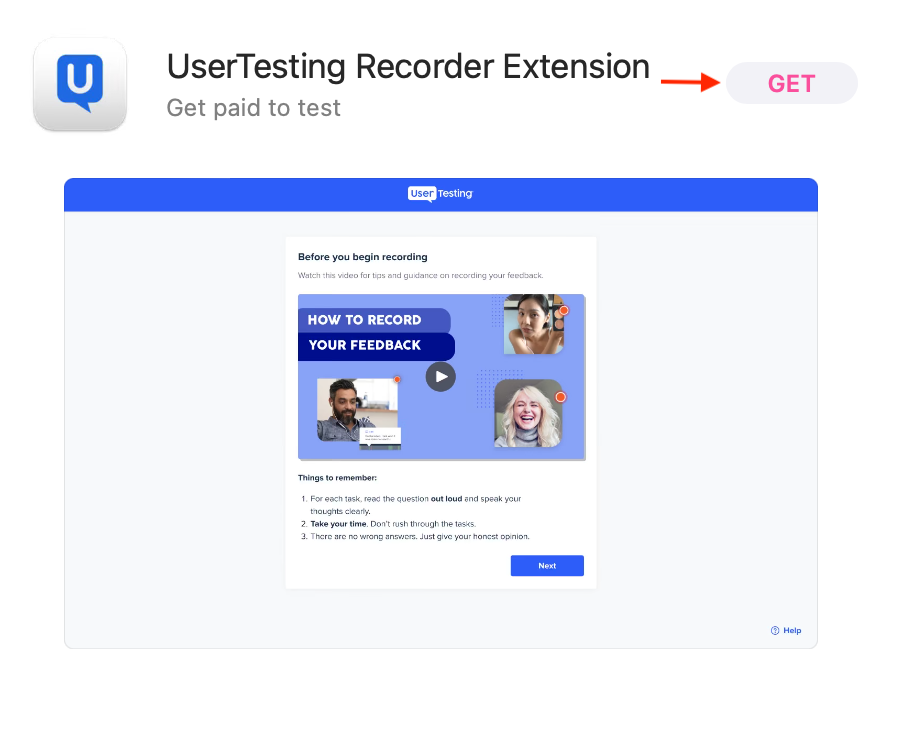 En skärmbild av UserTesting Recorder Extension i App Store med en röd pil som pekar på Hämta-knappen.