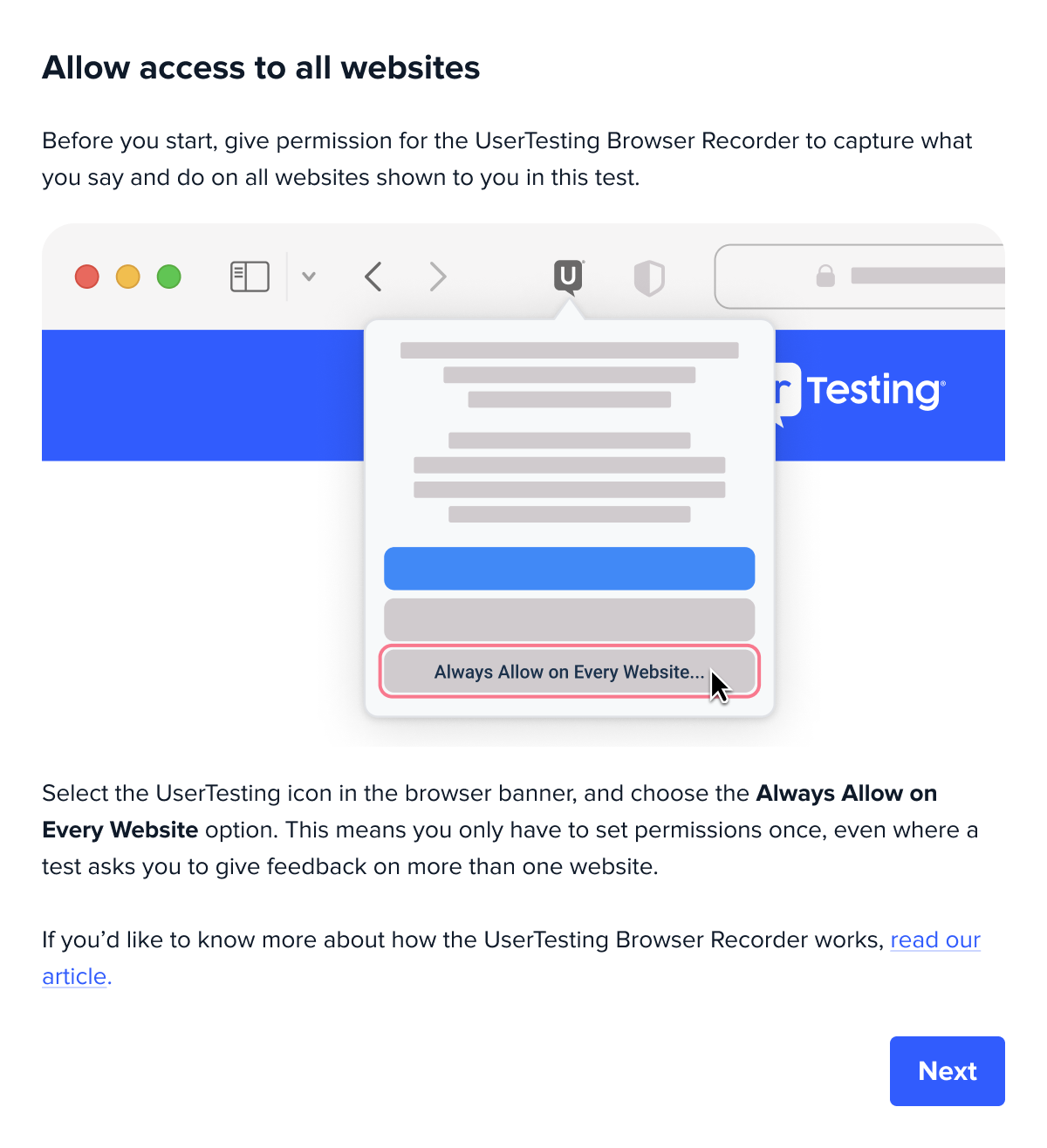 En bild av en skärm i UserTesting Recorder installationsflöde med text och visuella element som förklarar hur och varför användare ska ändra inställningarna för UserTesting Recorder Extension.