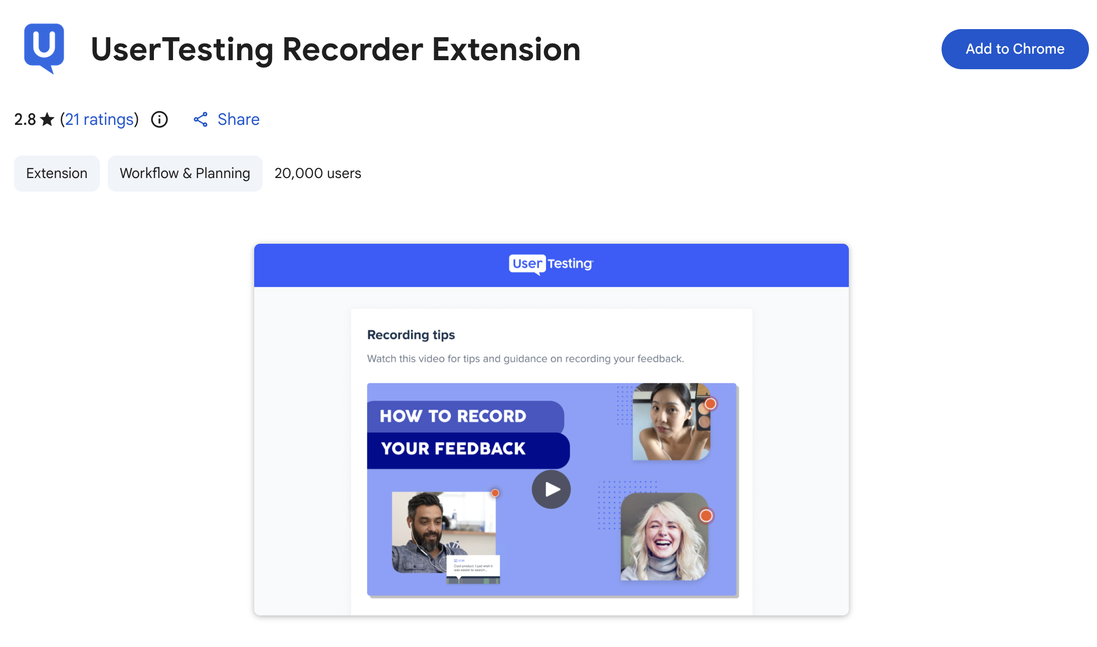 La page de l’extension UserTesting Recorder dans le Chrome Web Store.