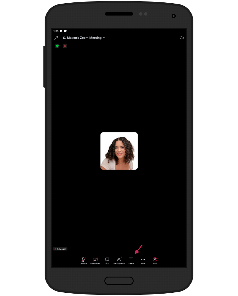 Mobile screen showing a Zoom meeting in progress with a participant profile image centered. The bottom toolbar includes options such as Unmute, Start video, Chat, Participants, Share, More, and End, with an arrow pointing to the More menu option.