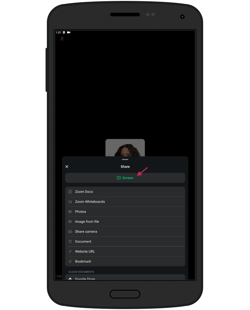 Mobile screen showing a Zoom meeting with the Share menu open. The menu includes options such as Screen, Zoom Docs, Zoom Whiteboards, Photos, Image from file, Share camera, Document, Website URL, and Bookmark, with an arrow pointing to the Screen option.