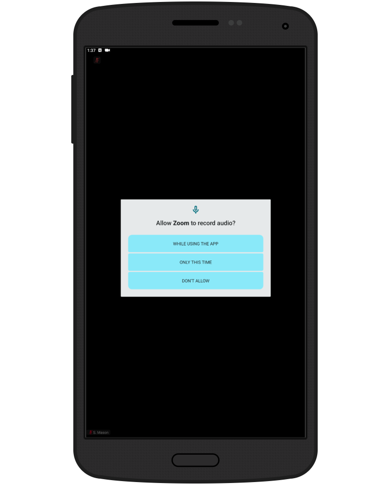 Mobile screen showing a permission prompt asking to allow Zoom to record audio. Options include While using the app, Only this time, and Don’t allow.