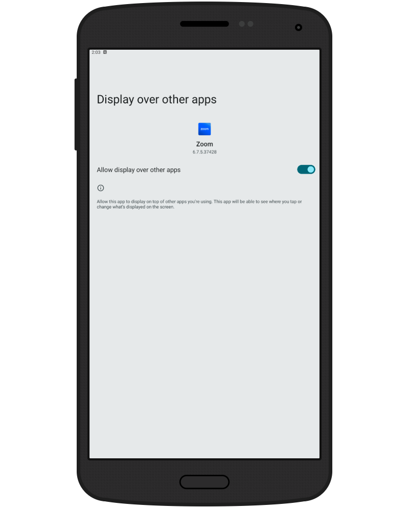 Android settings screen for Zoom showing the Display over other apps permission enabled, allowing the app to appear on top of other apps and interact with what is shown on the screen.
