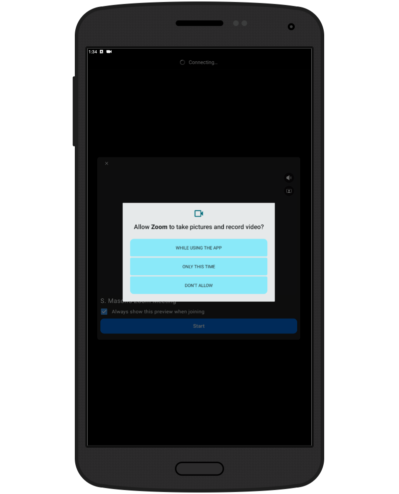 Mobile screen showing a permission prompt asking to allow Zoom to take pictures and record video. Options include While using the app, Only this time, and Don’t allow.