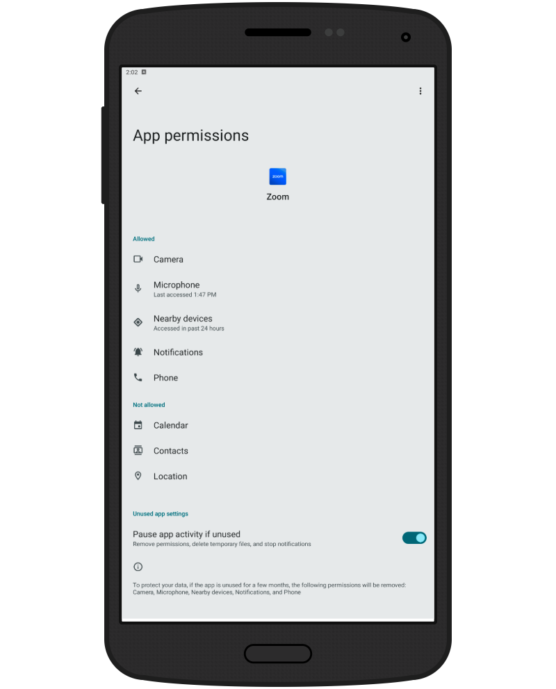 Android App permissions screen for Zoom showing allowed permissions including Camera, Microphone, Nearby devices, Notifications, and Phone. Not allowed permissions include Calendar, Contacts, and Location.