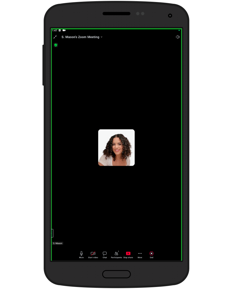 Mobile screen showing a Zoom meeting with screen sharing active, indicated by a green border around the screen. A participant profile image appears centered, and the bottom toolbar includes options such as Mute, Start video, Chat, Participants, Stop share, More, and End.