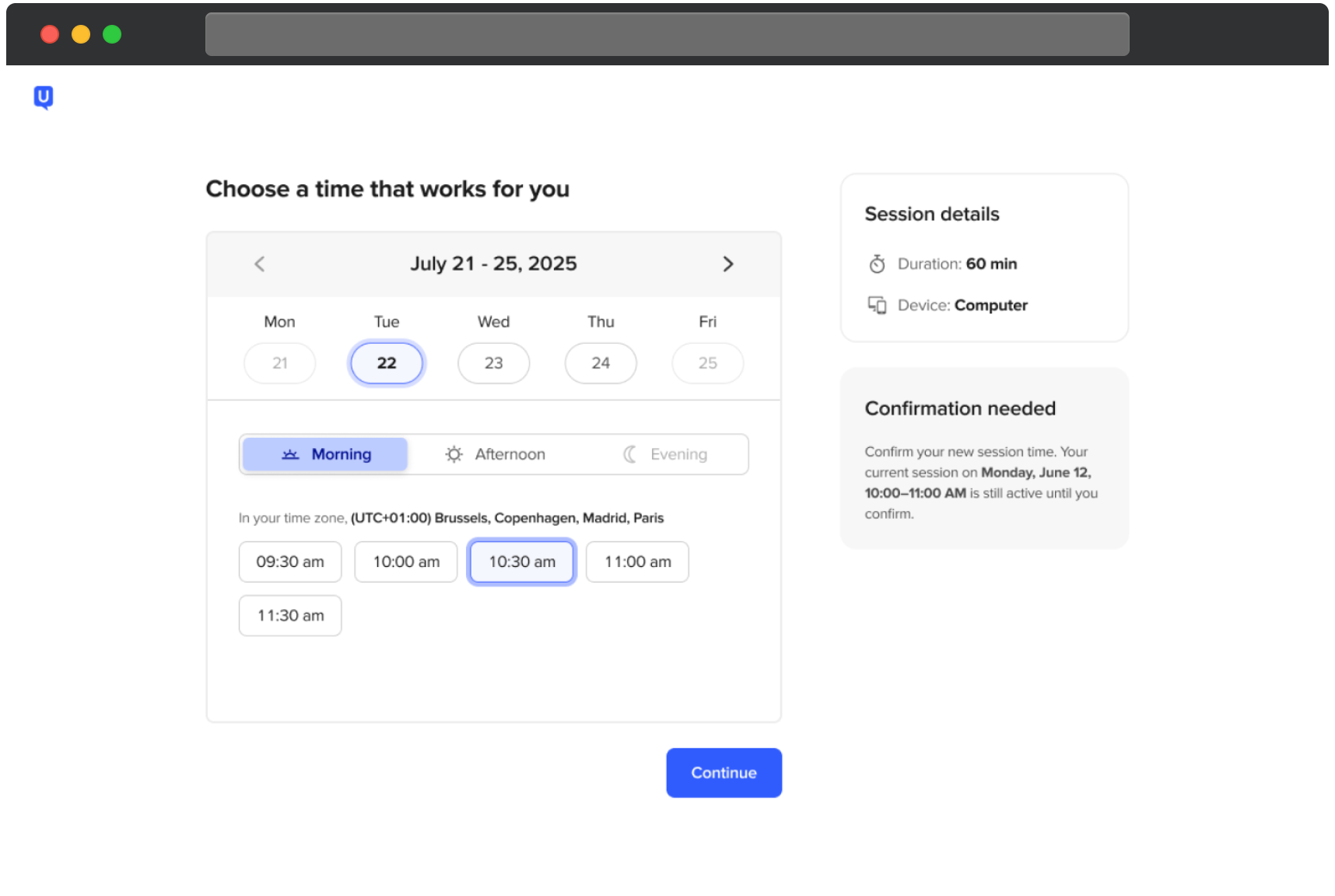 UserTesting scheduling screen for rescheduling a Live Conversation. A calendar shows July 22 selected with a 10:30 am time slot highlighted under morning. A confirmation needed panel indicates the current session time will remain active until the new time is confirmed. A Continue button appears at the bottom.