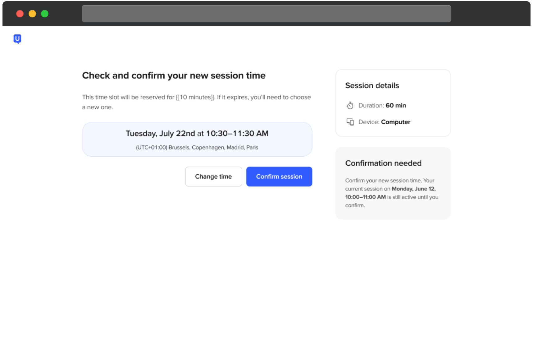 UserTesting screen to check and confirm a new scheduled time for a Live Conversation. The selected time is Tuesday, July 22nd from 10:30 to 11:30 AM in the participant’s time zone. Buttons are shown to Change time or Confirm session. A side panel indicates that the current session will remain active until the new time is confirmed, along with session details including a 60 minute duration and device requirement of computer.