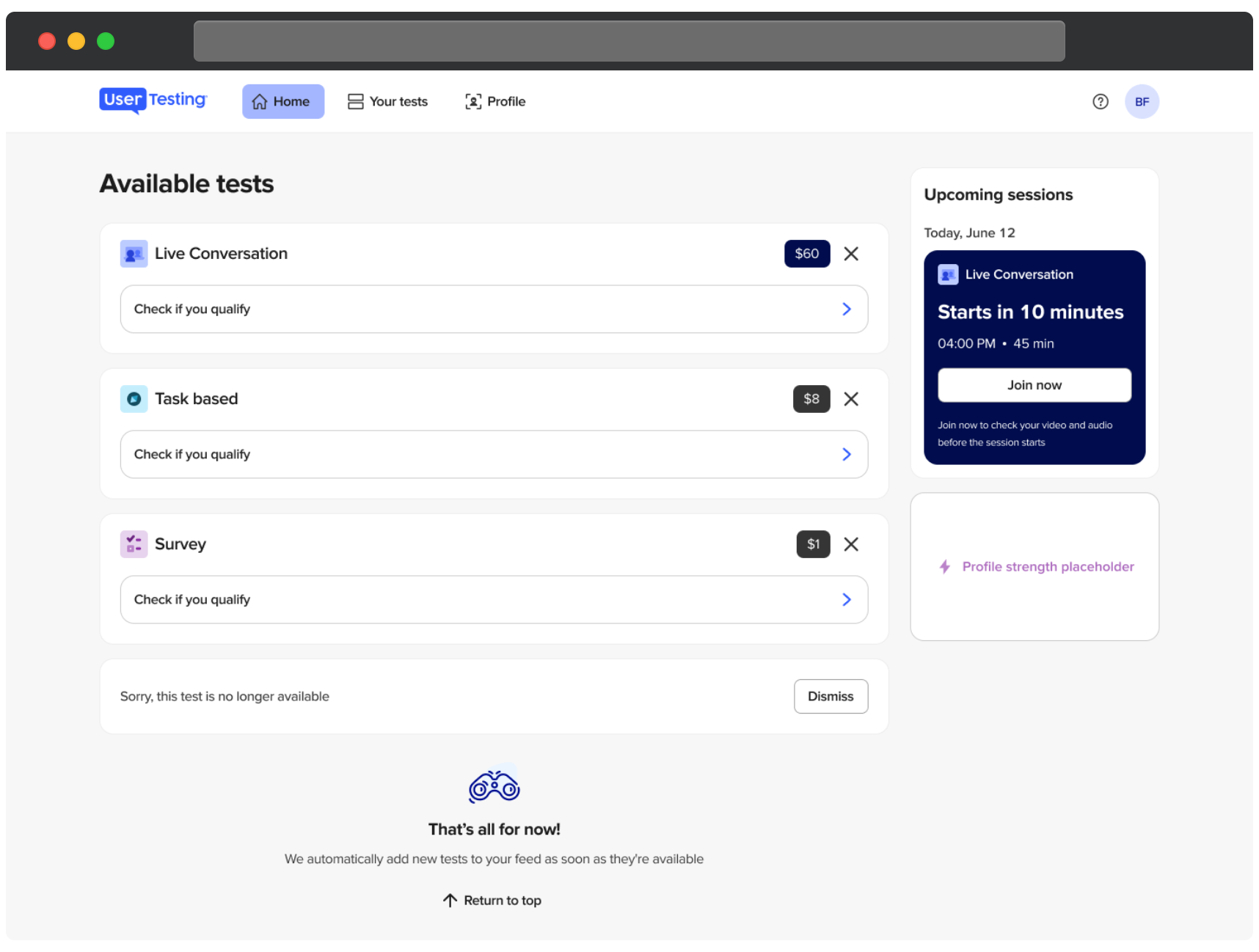 UserTesting participant dashboard showing available tests, each with a Check if you qualify button. The Upcoming sessions widget highlights a Live Conversation starting in 10 minutes with a Join now button. 