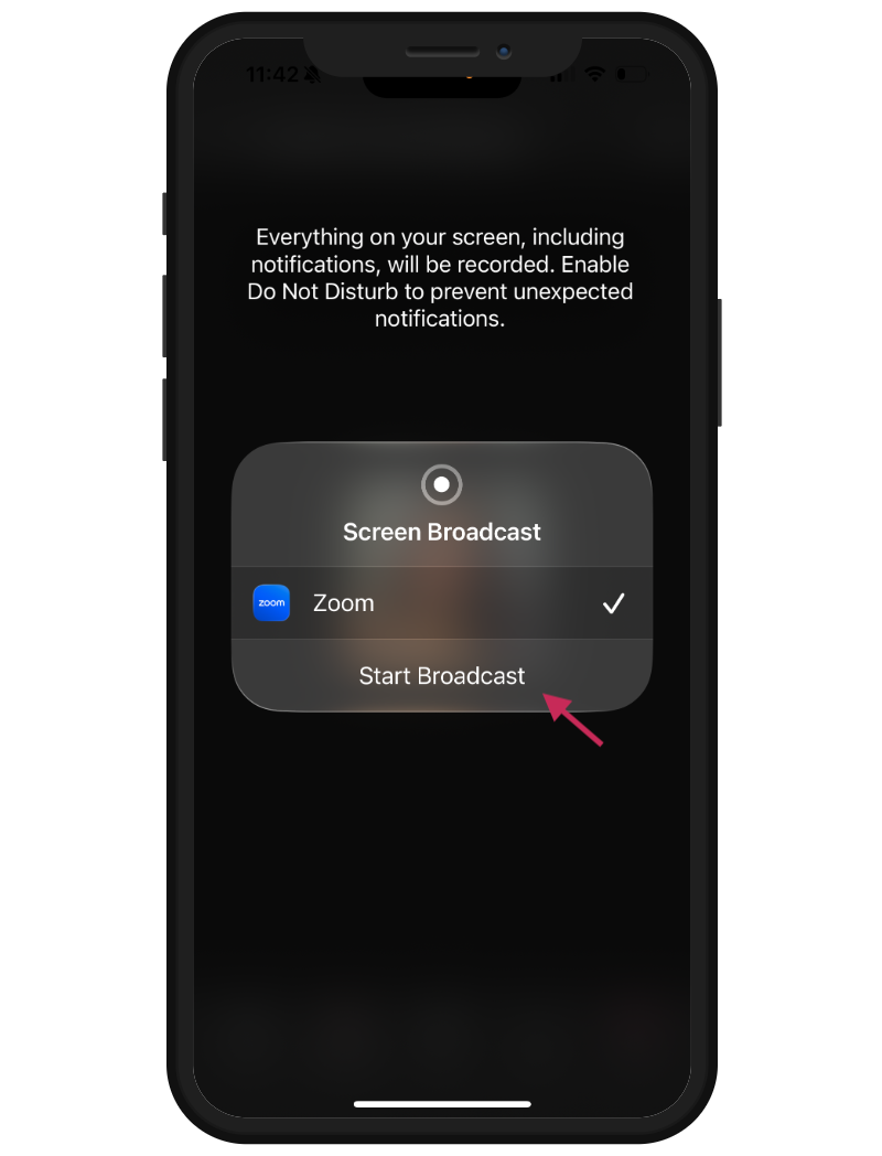 Menu Diffusion d’écran iPhone avec Démarrer la diffusion