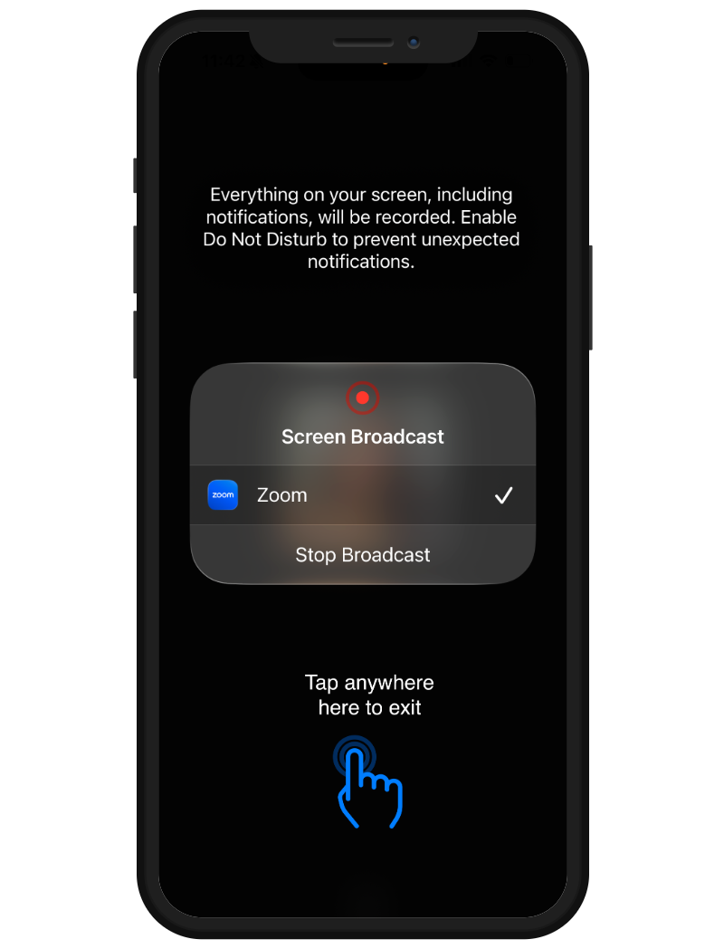 iPhone schermuitzending-weergave met aanwijzing waar te tikken om te sluiten