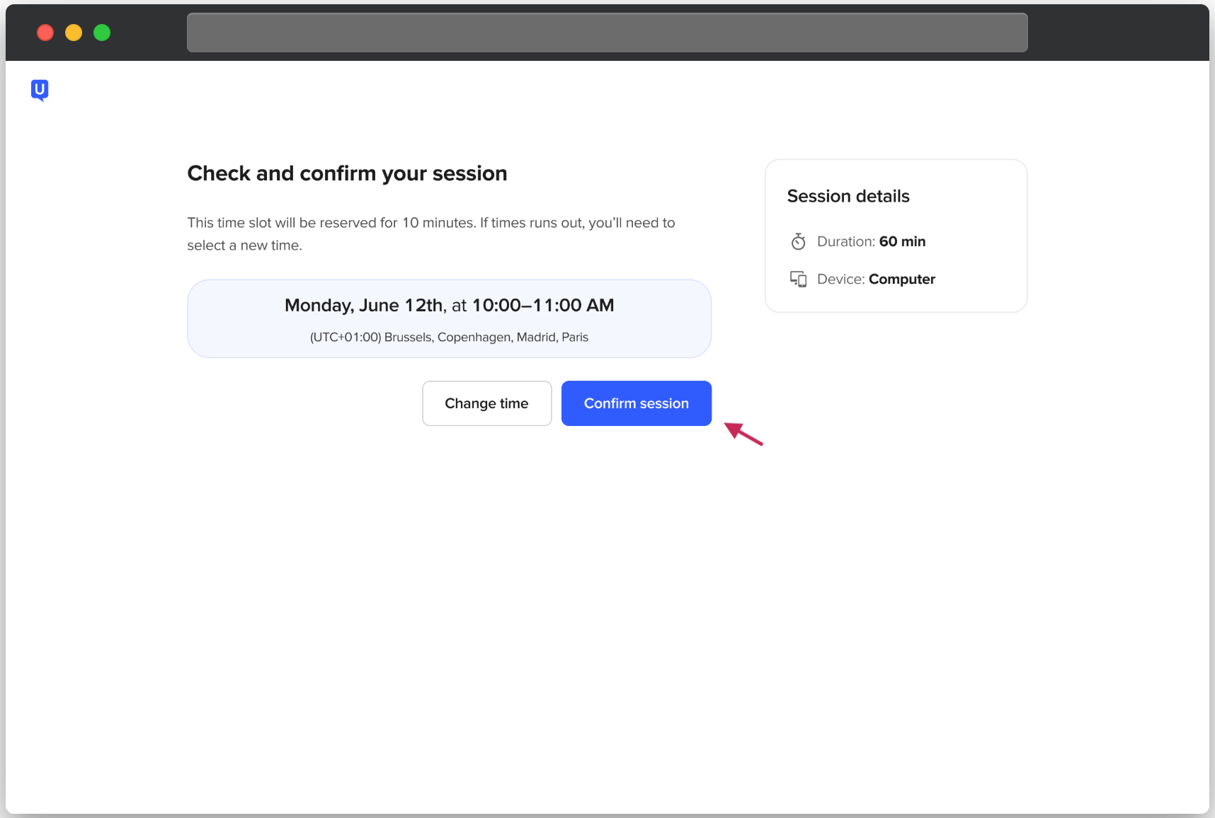 Confirm session screen