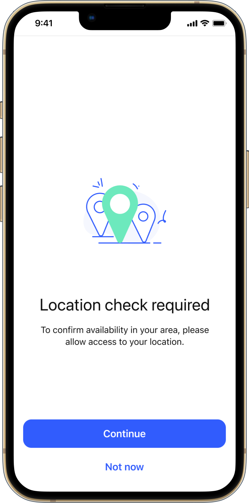 Écran de vérification de localisation avec bouton Continuer.