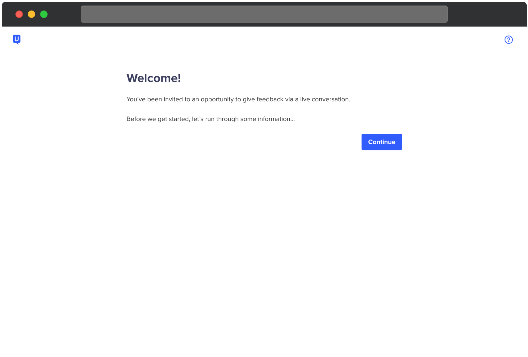 Écran d’accueil UserTesting pour une Conversation en visio. Le message explique que le participant a été invité à donner son avis lors d’une session en direct et que certaines informations seront vérifiées avant de commencer. Un bouton bleu Continuer apparaît à droite.