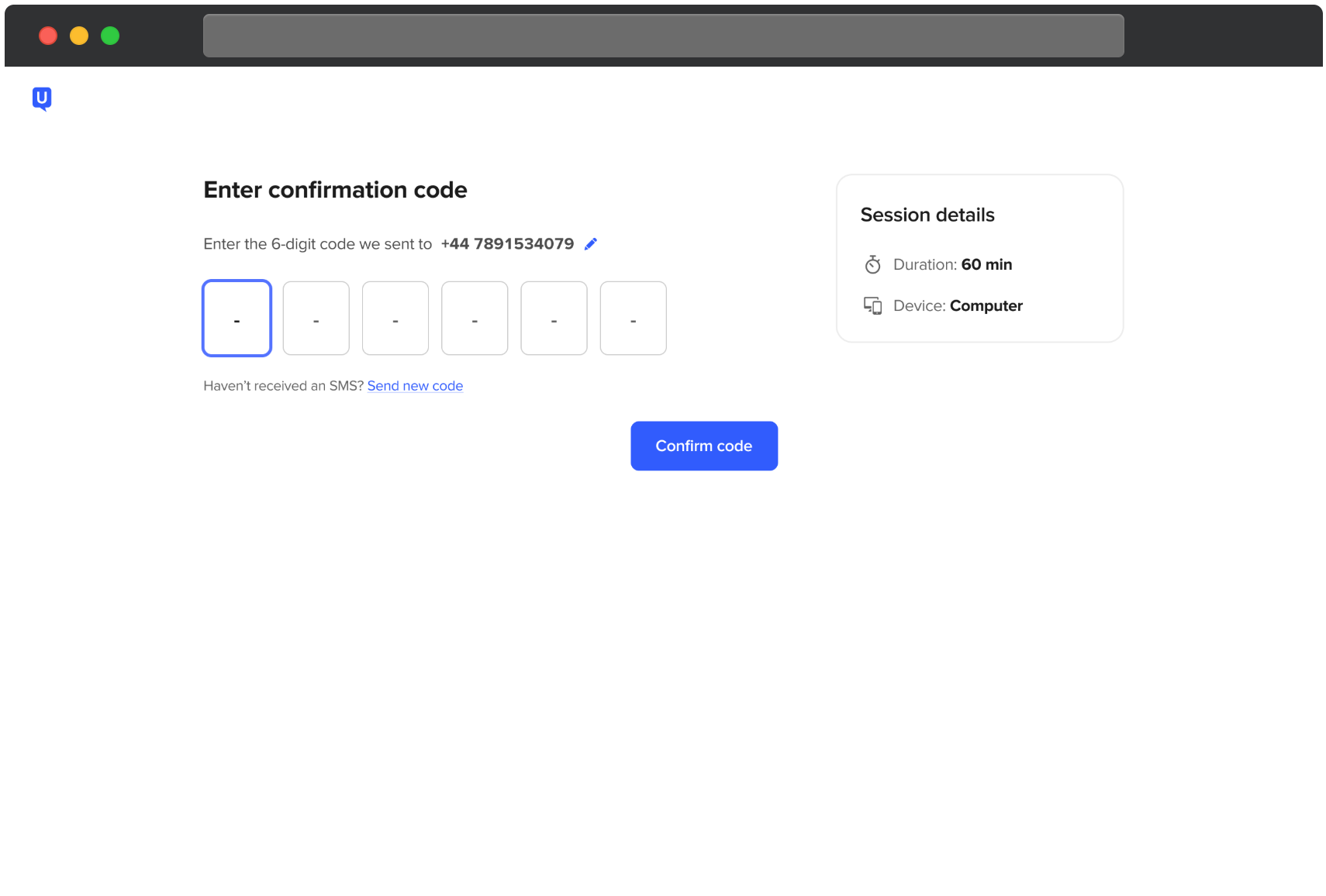 Écran UserTesting invitant le participant à saisir un code de confirmation à six chiffres envoyé sur son numéro de mobile. Six cases de saisie sont affichées pour le code, ainsi qu’un lien pour renvoyer un nouveau code si non reçu. Un bouton Confirmer le code apparaît en dessous. Un panneau latéral affiche les détails de la session, incluant une durée de 60 minutes et une exigence d’appareil : ordinateur.