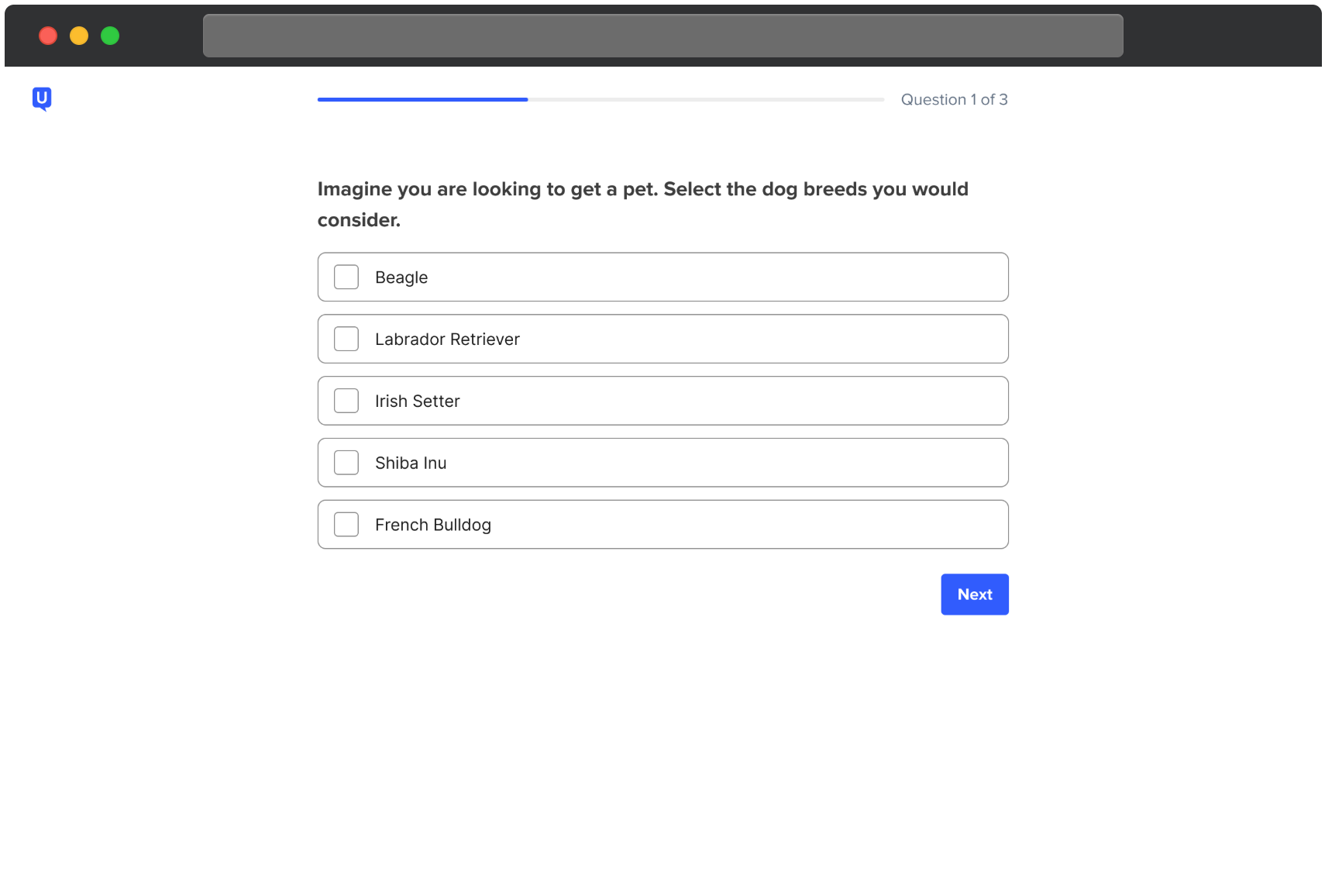 UserTesting Umfragebildschirm zeigt Frage 1 von 3. Die Frage bittet den Teilnehmer, sich vorzustellen, ein Haustier zu bekommen, und die Hunderassen auszuwählen, die er in Betracht ziehen würde. Checkbox-Optionen sind Beagle, Labrador Retriever, Irish Setter, Shiba Inu und Französische Bulldogge. Unten rechts erscheint ein Weiter-Button.